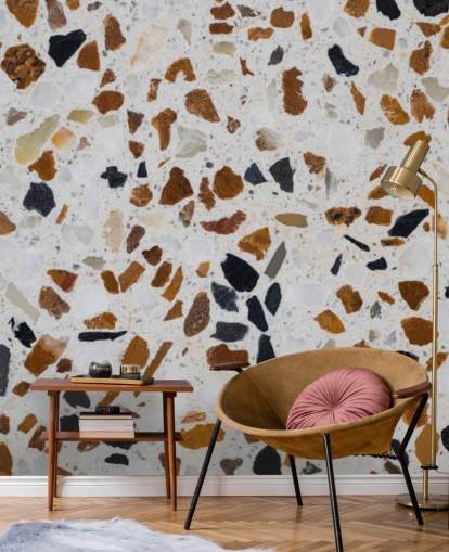 Terrazzo with Brown and Black Chippings on White Background Wallpaper