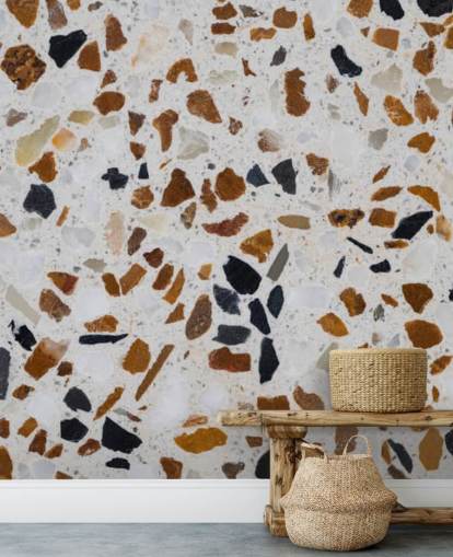Papier Peint Terrazzo avec des gravillons bruns et noirs sur fond blanc Papier Peint Terrazzo avec des gravillons bruns et noirs sur fond blanc