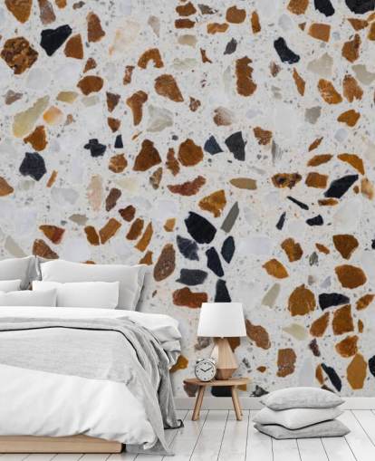 Terrazzo with Brown and Black Chippings on White Background Wallpaper