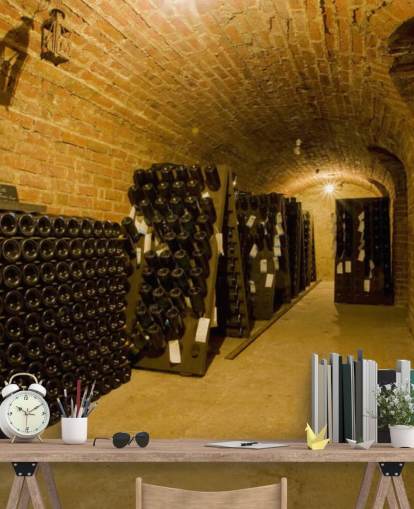 Dark Lit Up Wine Cellar Wall Mural