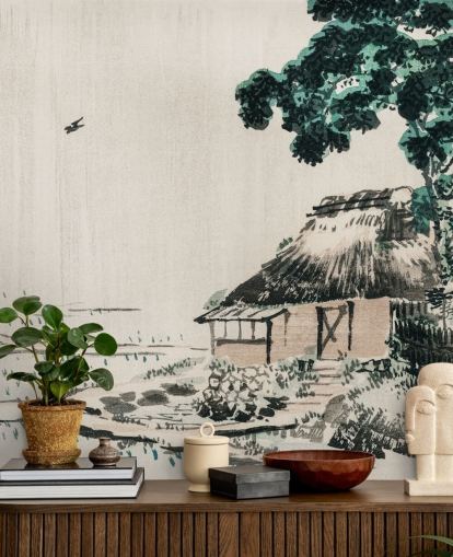 Carta da parati murale con cottage in campo