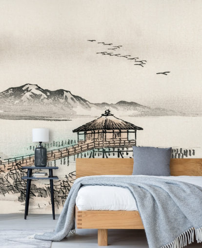 japansk hus over havet tapet