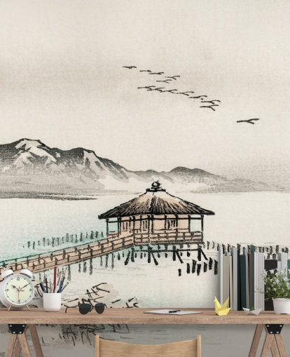 japanese house over sea wallpaper