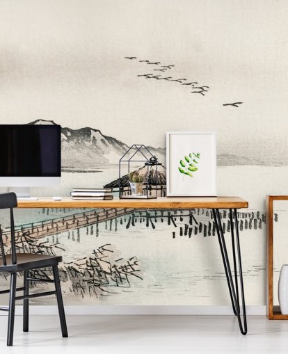 japanese house over sea wallpaper