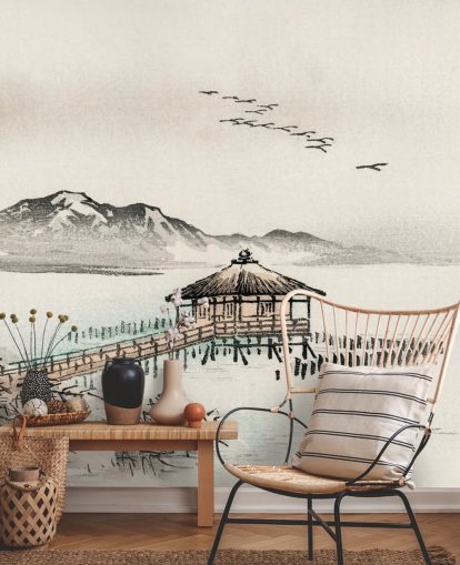 japanese house over sea wallpaper