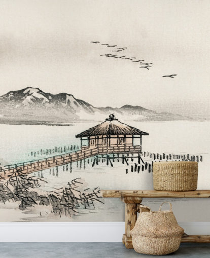 japanese house over sea wallpaper