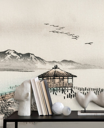 carta da parati casa giapponese sul mare