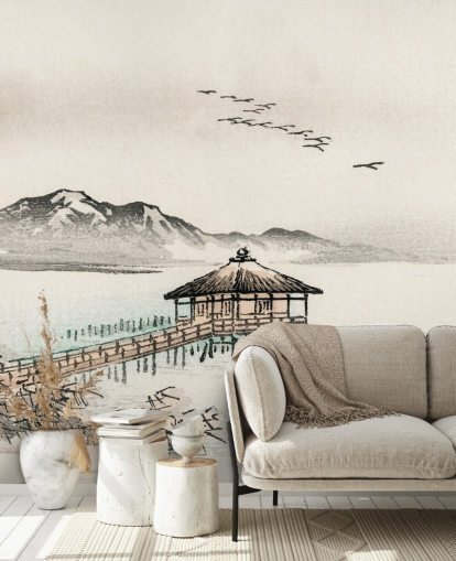 japanese house over sea wallpaper