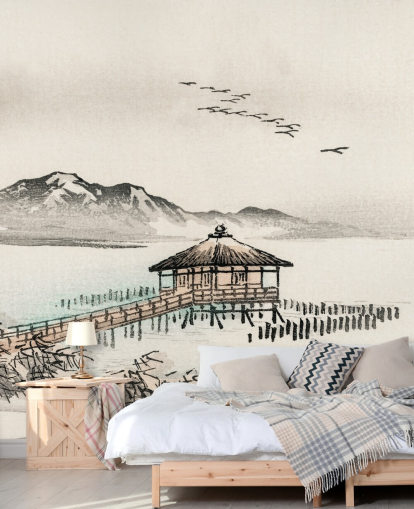 japanese house over sea wallpaper