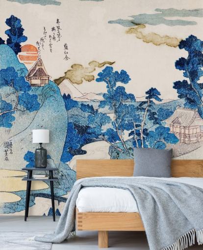 carta da parati artistica orientale personalizzabile blu e bianca chiamata Fuji No Yukei per camere da letto