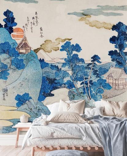 papel pintado de arte oriental personalizable en blanco y azul llamado Fuji No Yukei para dormitorios
