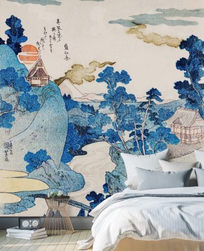 papel de parede de arte oriental personalizável azul e branco chamado Fuji No Yukei para quartos papel de parede de arte oriental personalizável azul e branco chamado Fuji No Yukei para quartos