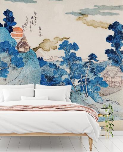 blue and white customizable oriental art wallpaper called Fuji No Yukei for bedrooms