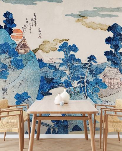 blå og hvid tilpasselig orientalsk kunst tapet kaldet Fuji No Yukei til soveværelser