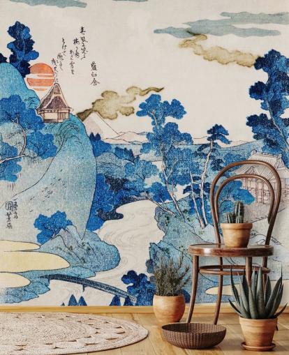 Blau-weiße personalisierbare orientalische Kunsttapete namens Fuji No Yukei für Schlafzimmer