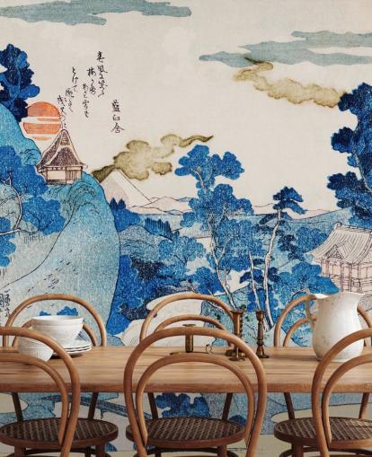carta da parati artistica orientale personalizzabile blu e bianca chiamata Fuji No Yukei per camere da letto