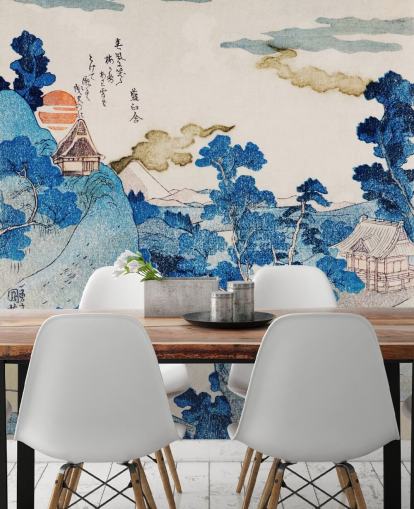 blue and white customizable oriental art wallpaper called Fuji No Yukei for bedrooms