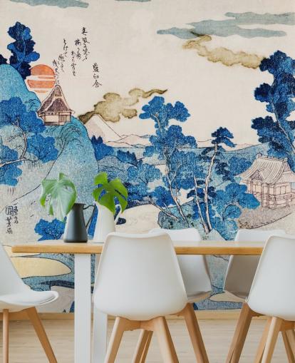 papier peint d'art oriental personnalisable bleu et blanc appelé Fuji No Yukei pour chambres