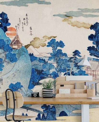 papel pintado de arte oriental personalizable en blanco y azul llamado Fuji No Yukei para dormitorios