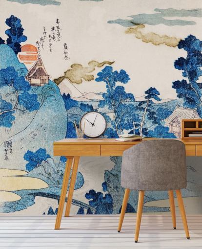 blauw-wit aanpasbaar oosters kunstbehang genaamd Fuji No Yukei voor slaapkamers