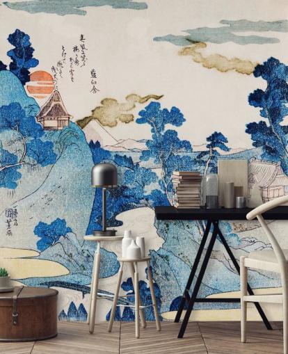 papel de parede de arte oriental personalizável azul e branco chamado Fuji No Yukei para quartos papel de parede de arte oriental personalizável azul e branco chamado Fuji No Yukei para quartos