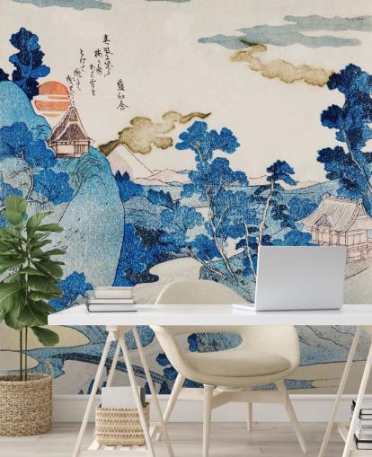 blauw-wit aanpasbaar oosters kunstbehang genaamd Fuji No Yukei voor slaapkamers blauw-wit aanpasbaar oosters kunstbehang genaamd Fuji No Yukei voor slaapkamers