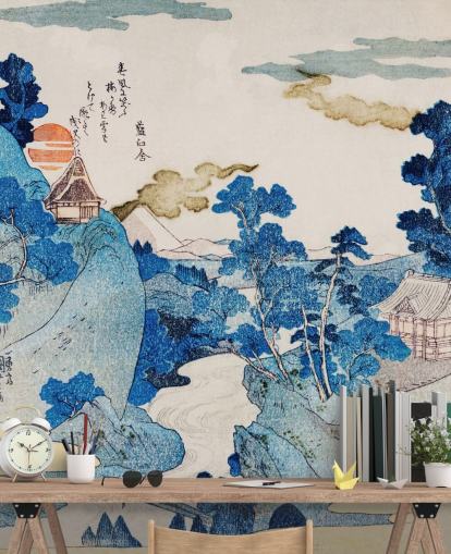 papel pintado de arte oriental personalizable en blanco y azul llamado Fuji No Yukei para dormitorios papel pintado de arte oriental personalizable en blanco y azul llamado Fuji No Yukei para dormitorios