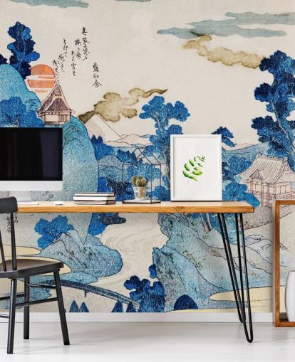 blue and white customisable oriental art wallpaper called Fuji No Yukei for bedrooms