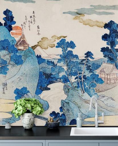 blå og hvid tilpasselig orientalsk kunst tapet kaldet Fuji No Yukei til soveværelser