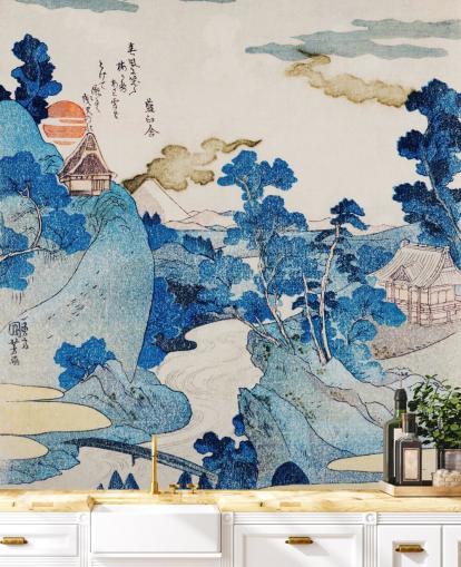 blue and white customisable oriental art wallpaper called Fuji No Yukei for bedrooms blue and white customisable oriental art wallpaper called Fuji No Yukei for bedrooms