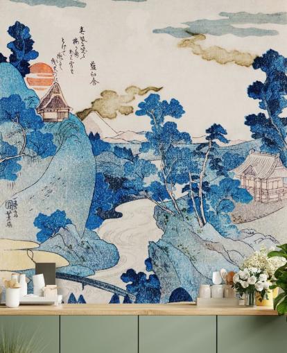 papier peint d'art oriental personnalisable bleu et blanc appelé Fuji No Yukei pour chambres