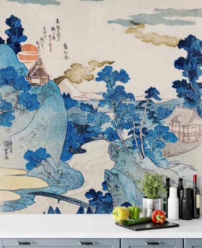 papel de parede de arte oriental personalizável azul e branco chamado Fuji No Yukei para quartos