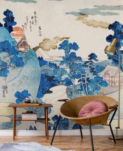 Blau-weiße personalisierbare orientalische Kunsttapete namens Fuji No Yukei für Schlafzimmer