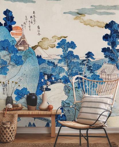 carta da parati artistica orientale personalizzabile blu e bianca chiamata Fuji No Yukei per camere da letto carta da parati artistica orientale personalizzabile blu e bianca chiamata Fuji No Yukei per camere da letto