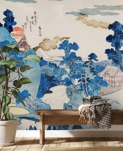 blue and white customisable oriental art wallpaper called Fuji No Yukei for bedrooms