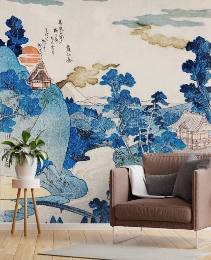 blue and white customisable oriental art wallpaper called Fuji No Yukei for bedrooms