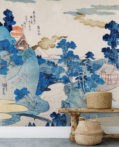 papier peint d'art oriental personnalisable bleu et blanc appelé Fuji No Yukei pour chambres