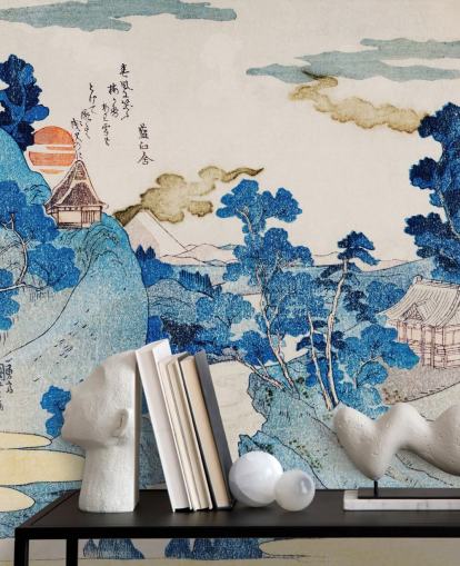 blå og hvid tilpasselig orientalsk kunst tapet kaldet Fuji No Yukei til soveværelser blå og hvid tilpasselig orientalsk kunst tapet kaldet Fuji No Yukei til soveværelser