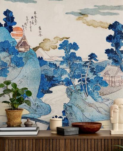 carta da parati artistica orientale personalizzabile blu e bianca chiamata Fuji No Yukei per camere da letto