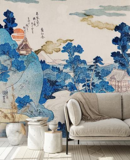 blauw-wit aanpasbaar oosters kunstbehang genaamd Fuji No Yukei voor slaapkamers