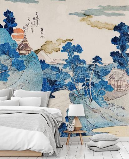blue and white customizable oriental art wallpaper called Fuji No Yukei for bedrooms