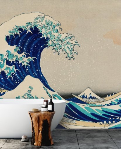 papier peint oriental personnalisé bleu appelé The Great Wave off Kanagawa pour les chambres et les salons