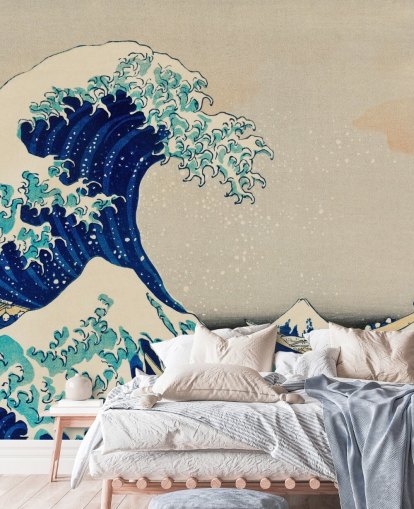 papel pintado oriental personalizado azul llamado La gran ola de Kanagawa para dormitorios y salas de estar