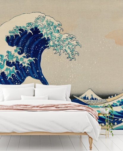 papel pintado oriental personalizado azul llamado La gran ola de Kanagawa para dormitorios y salas de estar
