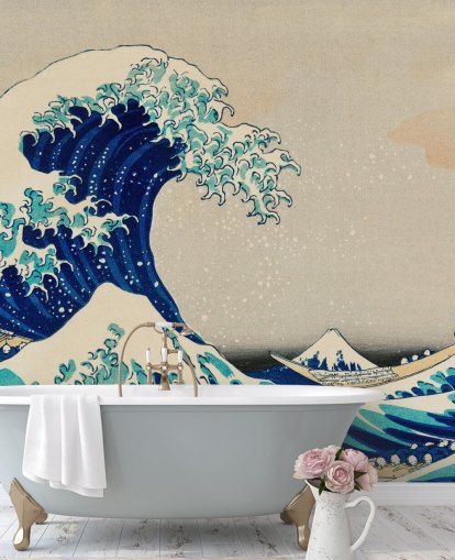 blue custom oriental wallpaper called The Great Wave off Kanagawa for bedrooms and living rooms