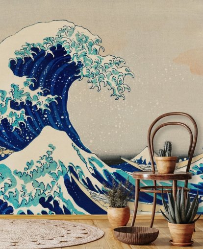 blå brugerdefineret orientalsk tapet kaldet The Great Wave off Kanagawa til soveværelser og stuer