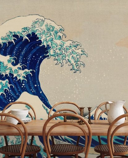 papel pintado oriental personalizado azul llamado La gran ola de Kanagawa para dormitorios y salas de estar