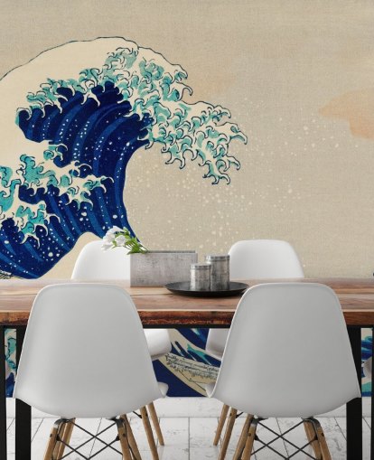 papier peint oriental personnalisé bleu appelé The Great Wave off Kanagawa pour les chambres et les salons