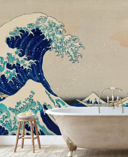 carta da parati orientale personalizzata blu chiamata The Great Wave off Kanagawa per camere da letto e salotti