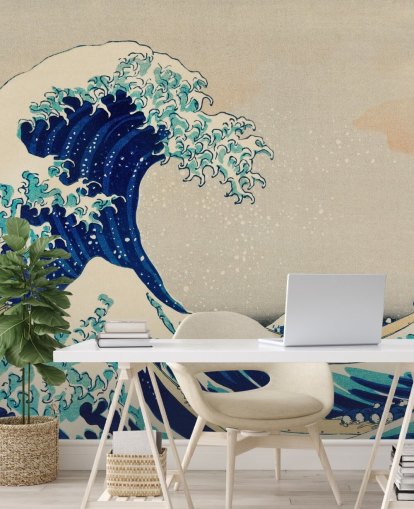 carta da parati orientale personalizzata blu chiamata The Great Wave off Kanagawa per camere da letto e salotti